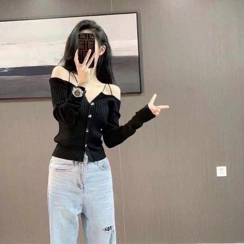 Áo len trễ vai dài tay 4 dây cá tính