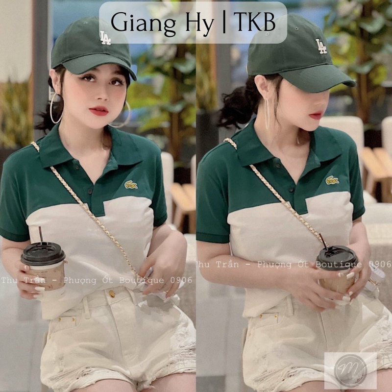 Áo polo nữ L.A.C.O.S, áo thun nữ cổ bẻ trắng phối xanh rêu trang nhã, lịch lãm
