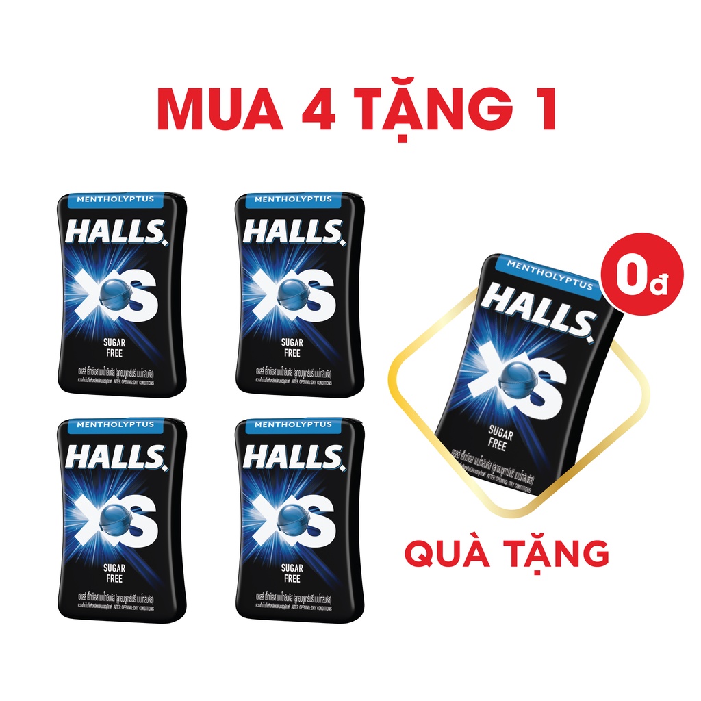 [TẶNG 1 HỘP HALLS cùng loại] Combo 4 Hộp Kẹo Ngậm Không Đường Halls XS Vị Bạc Hà 4x13.8g