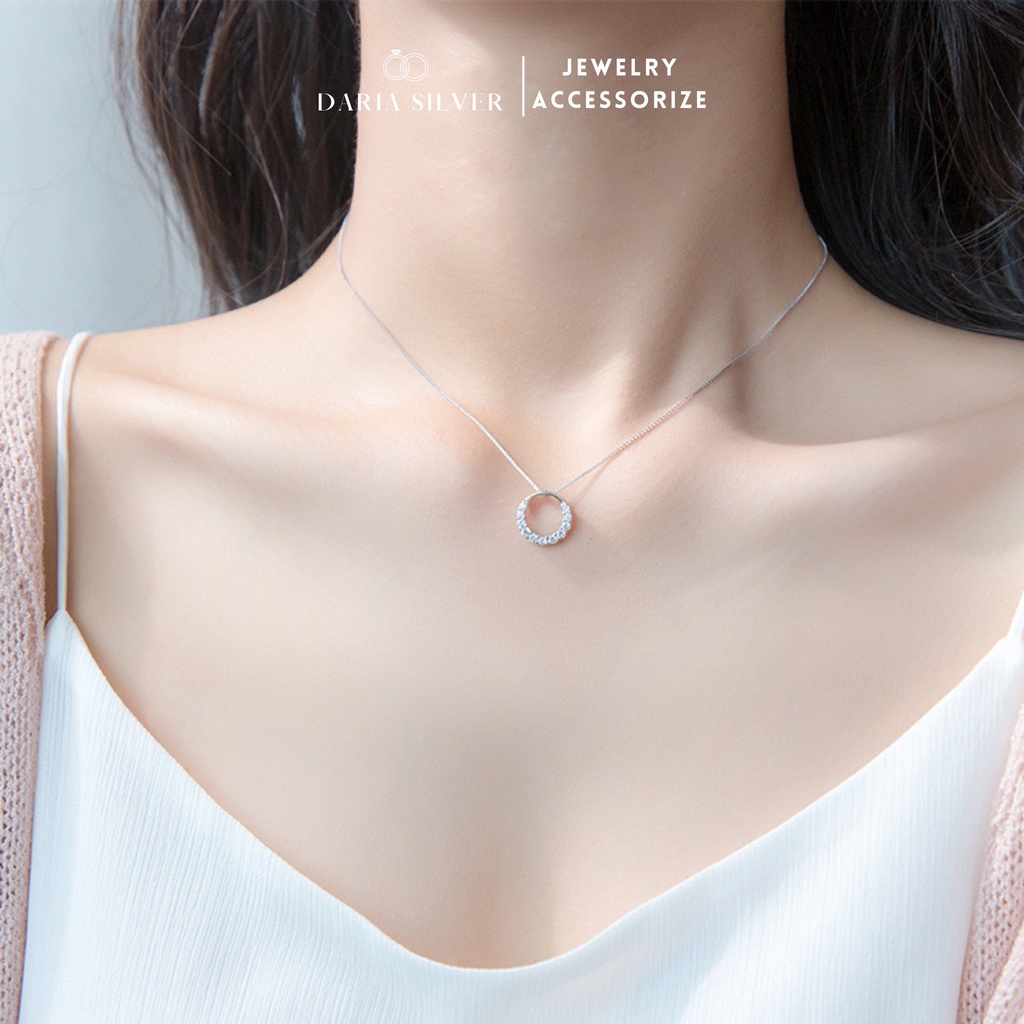 Dây chuyền mặt tròn đính đá Daria Silver, vòng cổ bạc ta 999