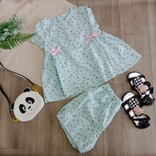 Bộ bé gái hoa nhí baby doll xanh mát
