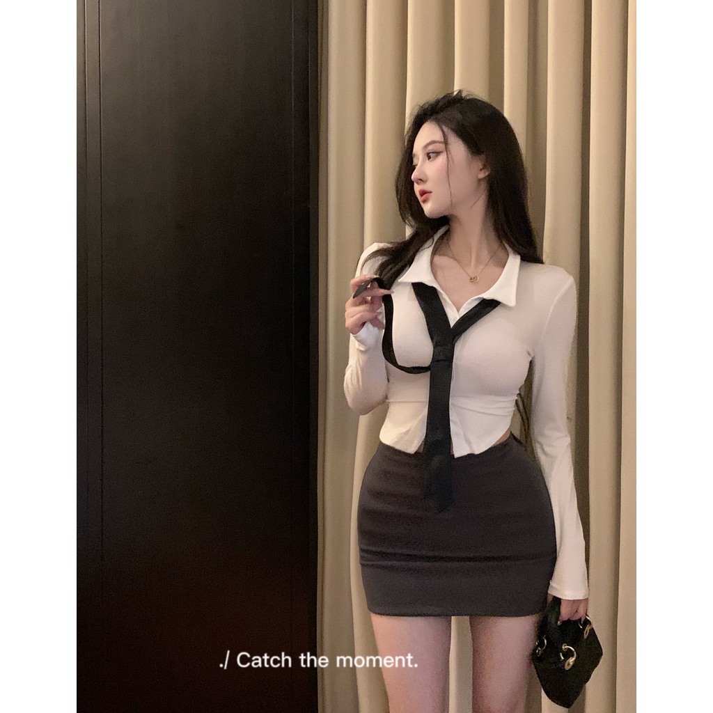 Bộ Áo Thun polo Dài Tay + Chân Váy Màu Trơn Thời Trang Mùa Hè Hàn Quốc Dành Cho Nữ