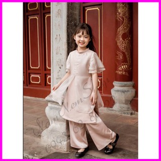 Áo dài cách tân màu hồng phấn cách điệu bé gái (hàng thiết kế)