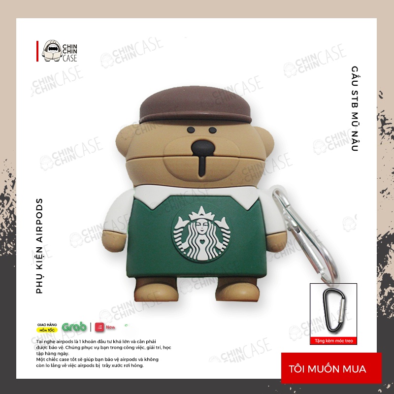 Case Airpod 2 Vỏ Bọc Tai Nghe Airpods 1 2 Gấu Starbuck Mũ Nâu Siêu Cute Chất Liệu Silicon Dẻo - Chinchin Case