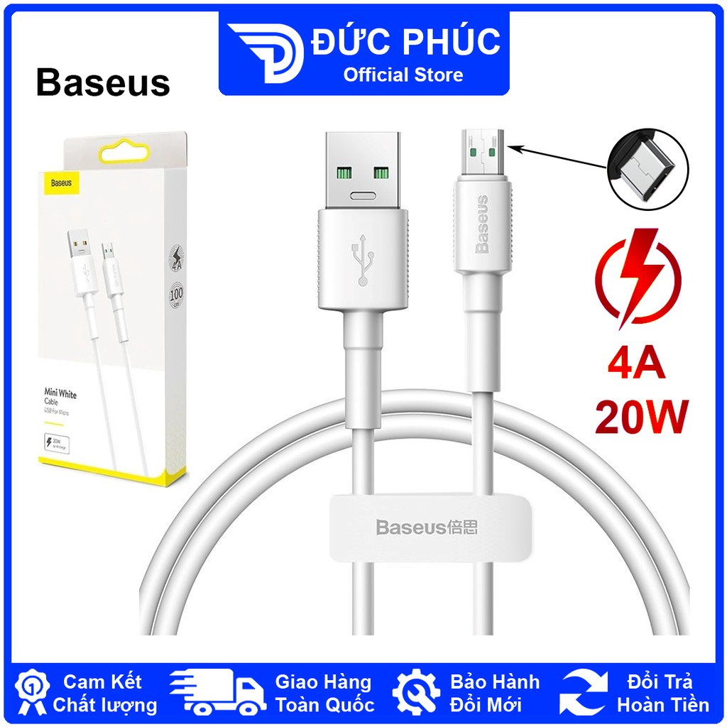 DÂY SẠC Baseus Mini White Cable cho Samsung Oppo Xiaomi..., kết nối Micro USB, sạc nhanh 4A 20V, dài 1m – Chính Hãng