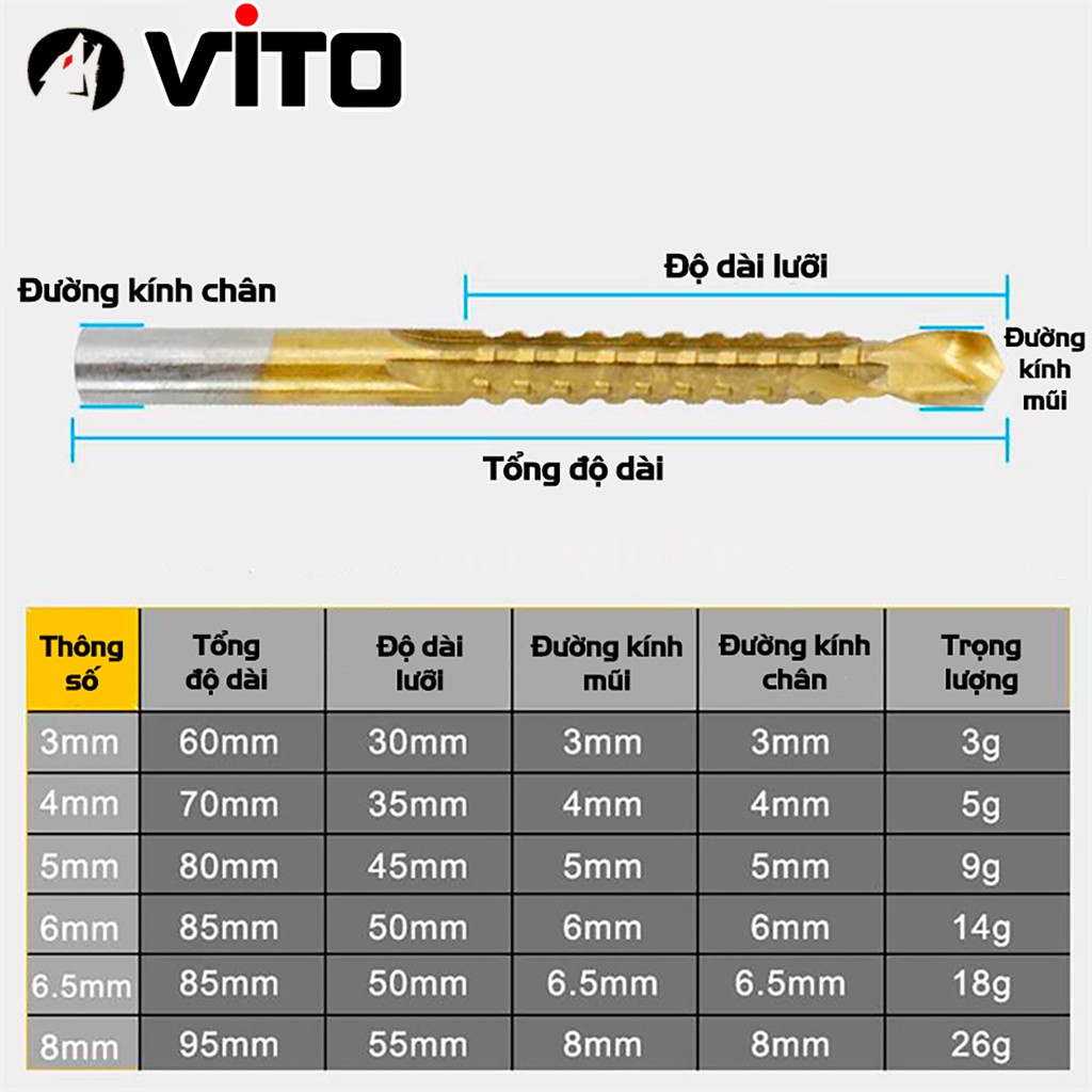 Bộ 6 Mũi Khoan Cưa VITO Phủ Titanium Kích Thước 3-8mm