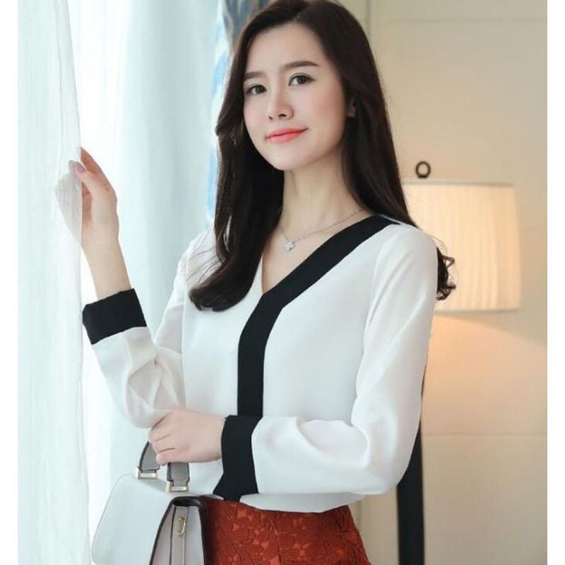 [Mã BMBAU50 giảm 50K đơn 150K] ZERASY - Áo kiểu phối màu đen tay dài kiểu cách