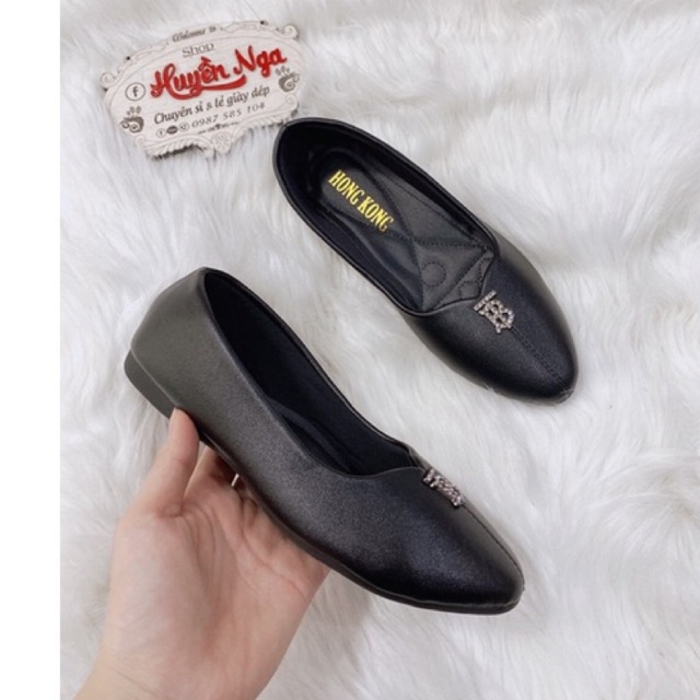 Giày búp bê nư  màu đen da mềm trơn chữ B