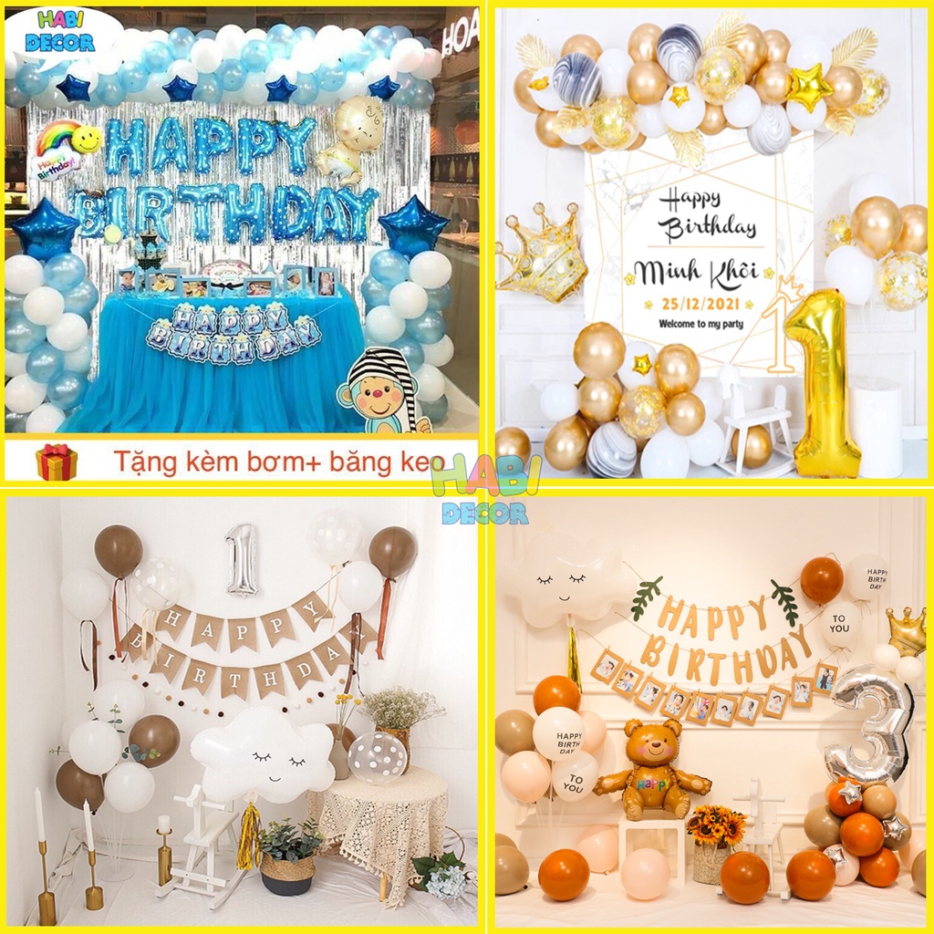 Set Bóng Trang Trí Sinh Nhật Happy Birthday Kèm Phông in tên tuổi bé đầy đủ phụ kiện SB99