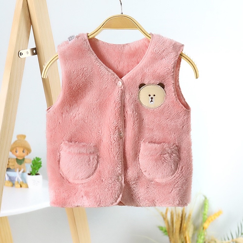 Áo Khoác Gilê Lông Thỏ Siêu mềm Mịn Thêu 2 Túi Cực Dễ Thương Cho Bé