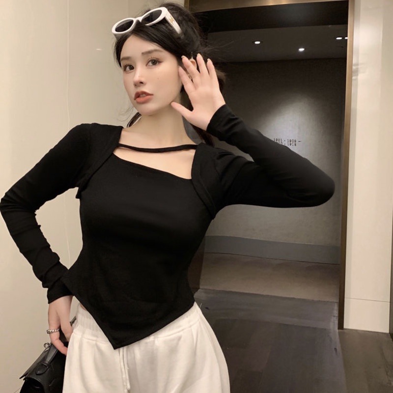 Áo Thun Dài Tay Cổ Vuông Thiết Kế Không Đồng Đều Phong Cách Mới Cho Nữ