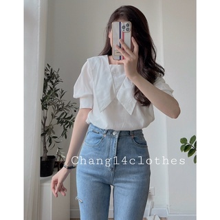 Áo sơ mi nữ ngắn tay kiểu tay bồng, cổ nhọn