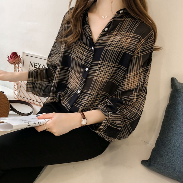 Áo sơ mi nữ voan ca rô tay phồng , sơ mi nữ form rộng, áo nữ kiểu form giấu bụng