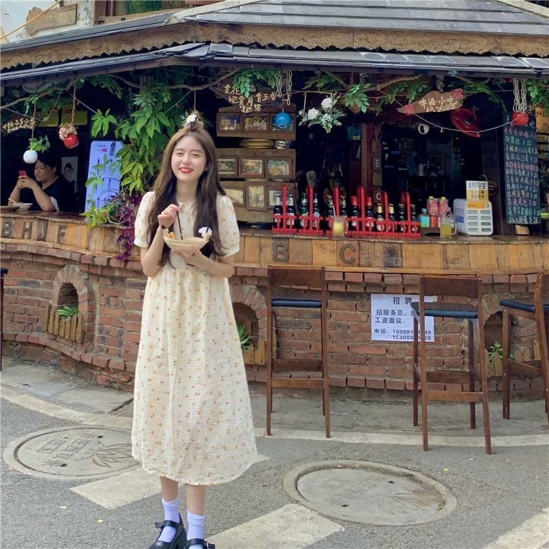 Đầm tay phồng dáng dài họa tiết hoa phong cách Hàn quốc