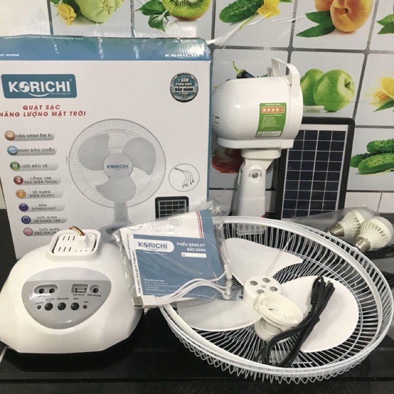 Quạt tích điện, quạt sạc điện năng lượng mặt trời Korichi chính hãng bảo hành 12 tháng