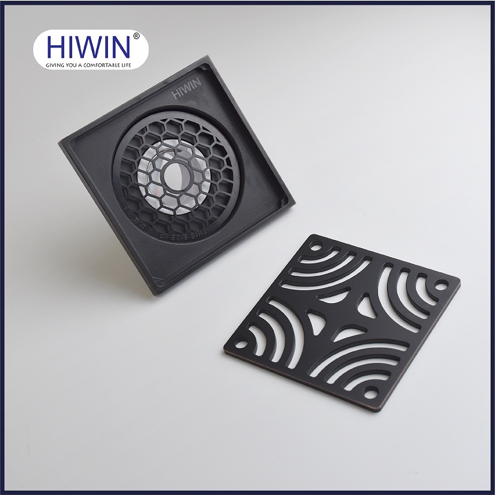 Phễu thoát sàn ngăn mùi hôi thoát nước nhanh đồng mạ đen kích thước 100x100mm HIWIN FD-1414B