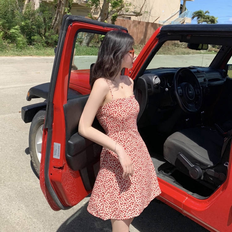 SUXI Đầm tiệc hai dây in họa tiết hoa thời trang Hàn Quốc