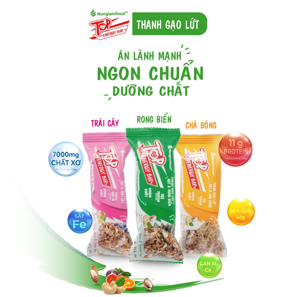Thanh gạo lứt ngũ cốc hạt và chà bông, rong biển, trái cây, dừa giòn Nonglamfood 17g| Giảm cân | Tập gym