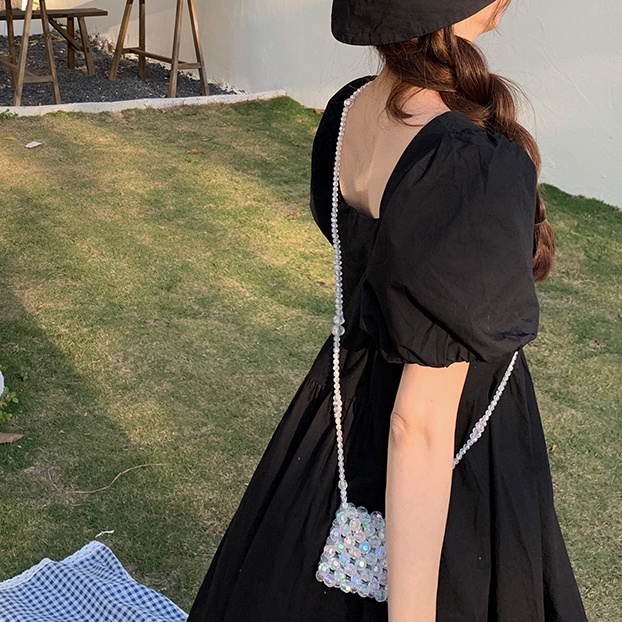 Đầm chữ A SUXI tay ngắn phồng cổ vuông màu trơn đơn giản phong cách Hàn Quốc thời trang mùa hè cho nữ