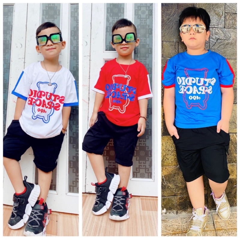 Bộ quần áo bé trai chất liệu thun cotton 100% co giản 4 chiều in hình gấu cho bé từ 10-38kg