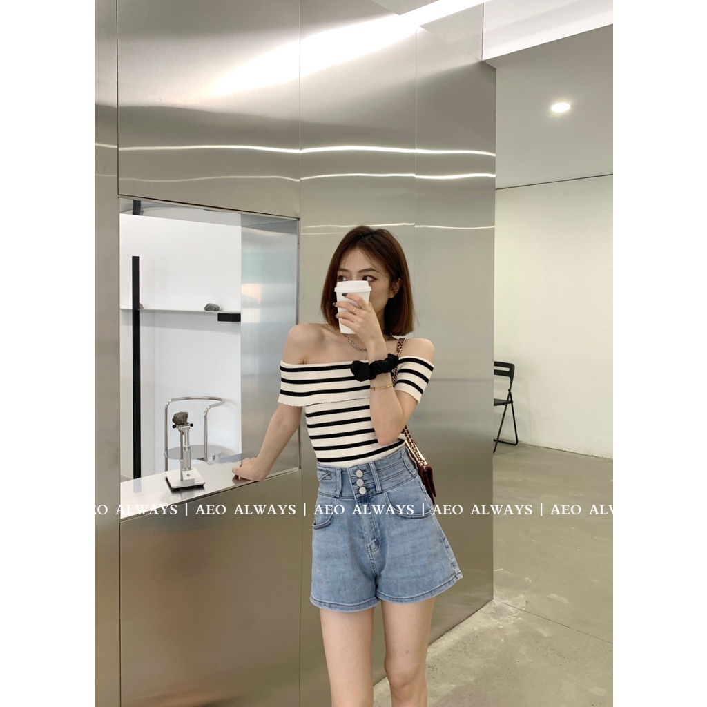 Áo croptop XIAOZHAINV vải dệt kim tay ngắn trễ vai hoạ tiết kẻ sọc thời trang mùa hè quyến rũ