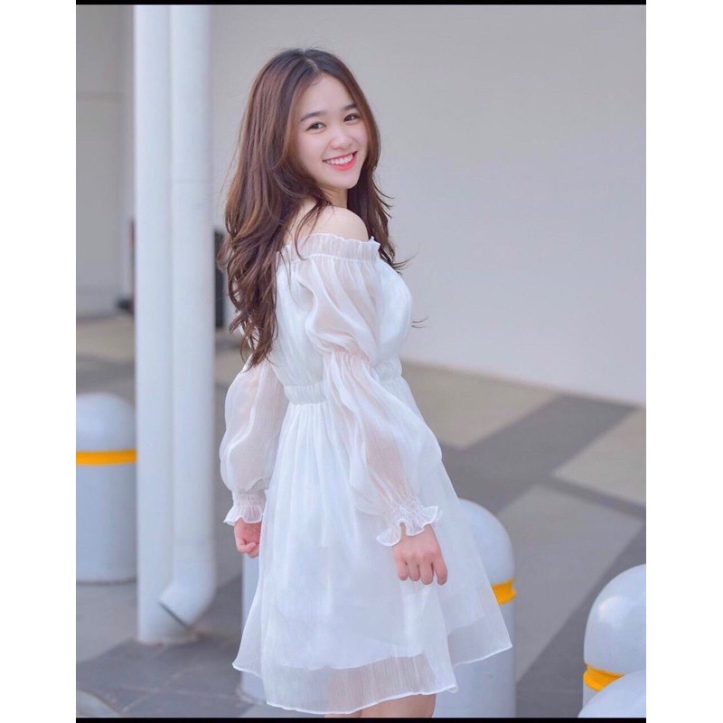 Đầm nhún eo trễ vai tơ gân - Wali Dress