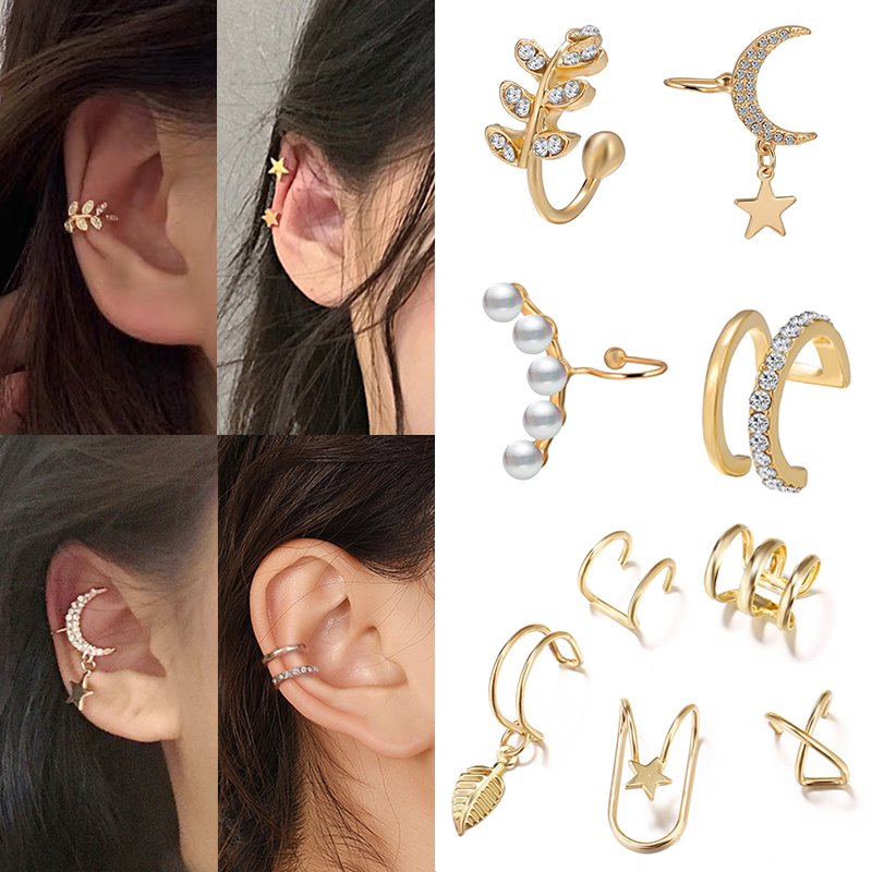 1pc Fashion Gold Leaf Clip Earring For Women Without Piercing Puck Rock Vintage Crystal Ear Cuff Girls Jewerly Gifts