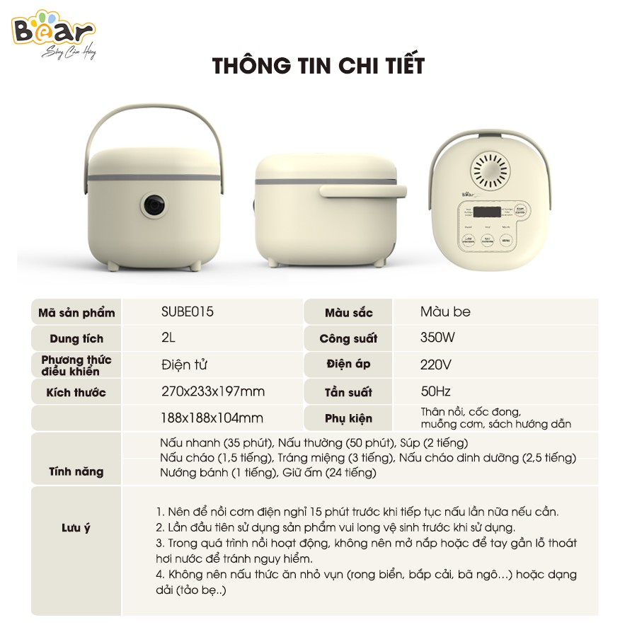 Nồi cơm điện thông minh Bear SUBE015 2L - Bản Quốc Tế Tiếng Anh - Hàng chính hãng, Bảo hành 12 tháng