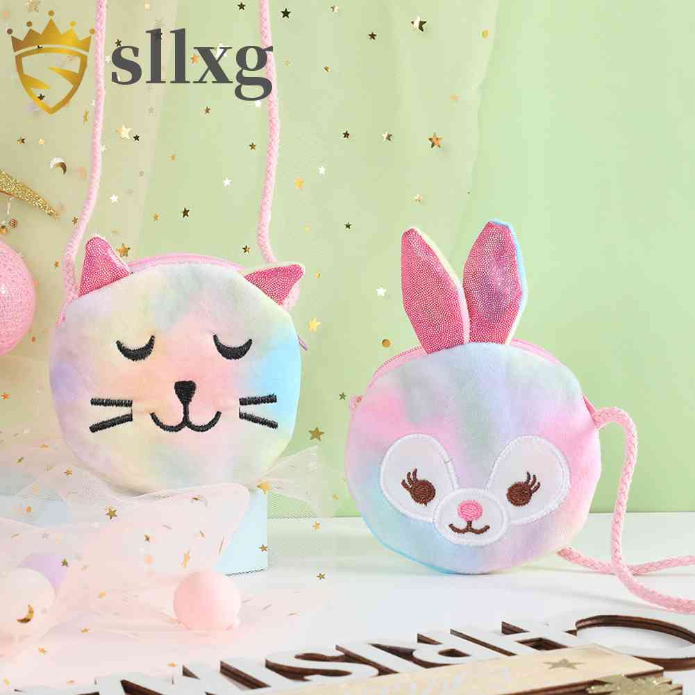 Túi Đeo Chéo Hình Tròn Mini Kiểu Hoạt Hình Bằng Vải Lông Có Khóa Kéo Cho Bé Gái