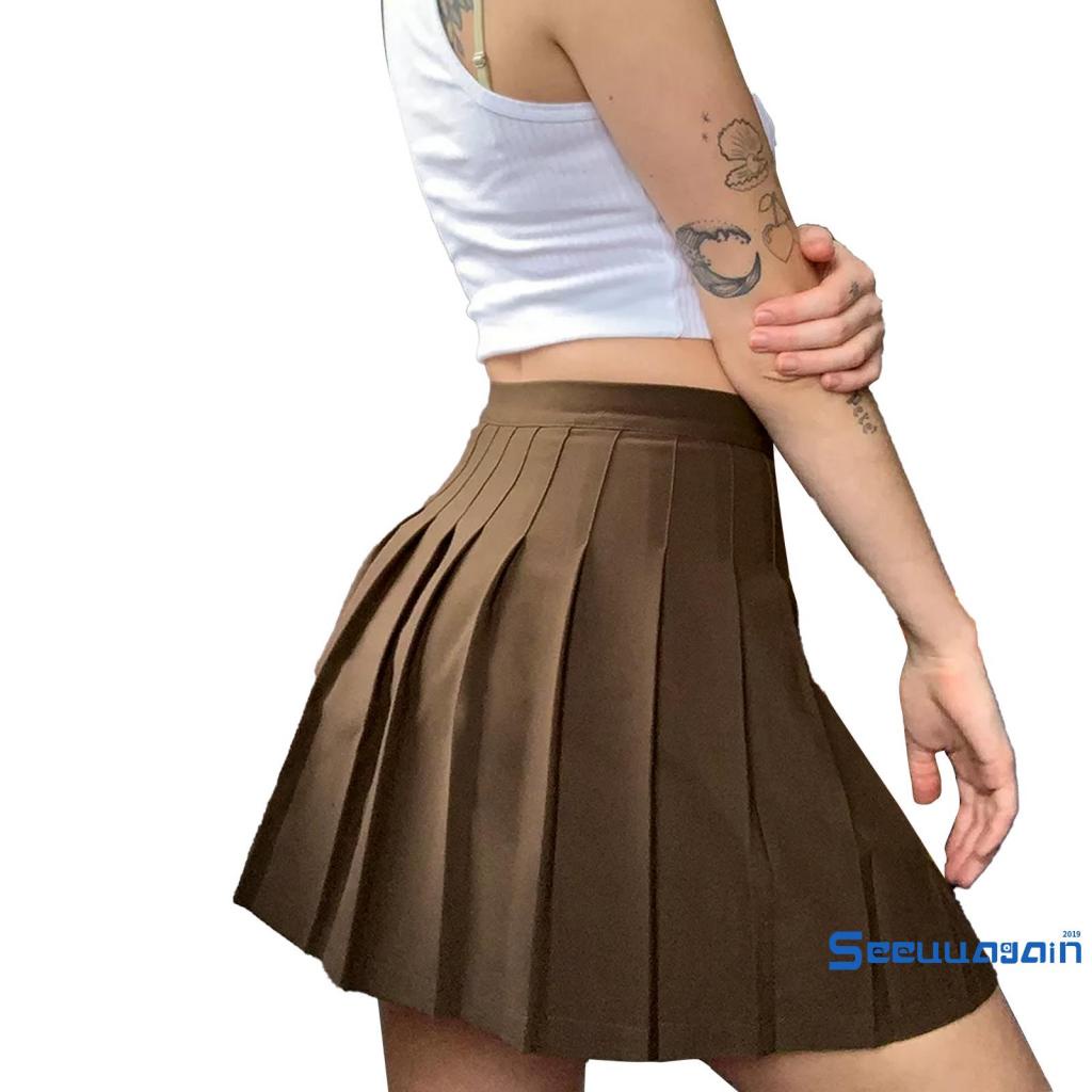 Chân váy tennis xếp ly lưng cao có khóa kéo màu xanh lá/ nâu phong cách preppy cho nữ