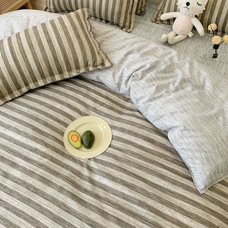 Bộ chăn ga gối Cotton poly Bo Decor Xám sọc vỏ chăn mền drap nệm và 2 vỏ gối
