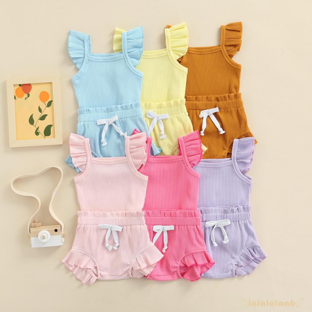Set áo liền quần LAA6 màu trơn tay áo cánh tiên + quần đùi lưng thun co giãn hợp thời trang dành cho trẻ em