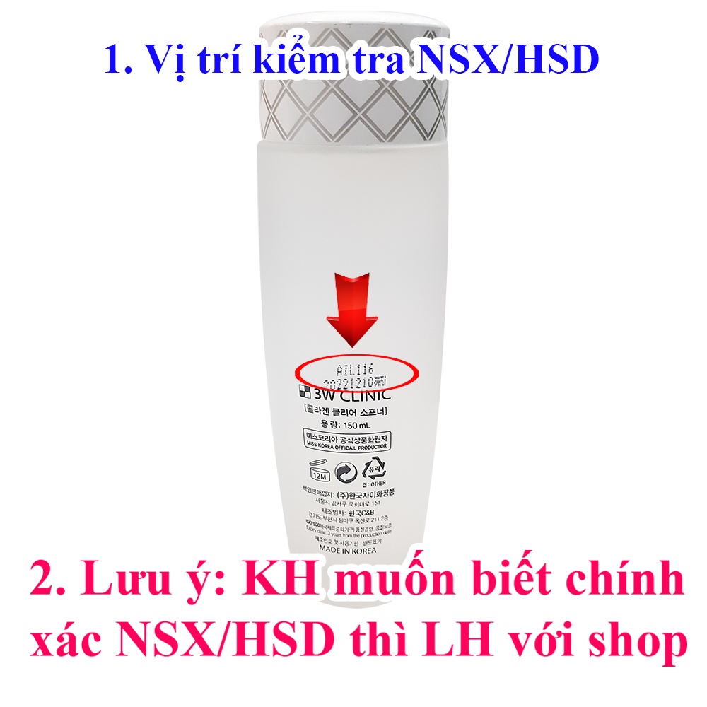 Nước hoa hồng 3w Clinic collagen clear softener dưỡng ẩm và làm trắng da 150ml Hàn Quốc