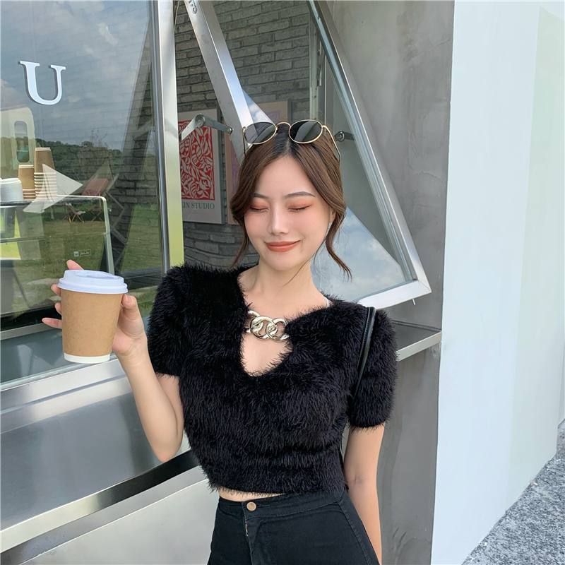 IELGY Áo Kiểu Dáng Ngắn Phối Dây Xích Cá Tính Dễ Phối Đồ Thời Trang Cho Nữ