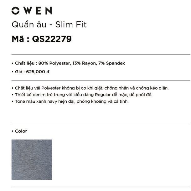 Quần Tây Nam Owen QS22279 Quần Âu Nam Màu Xám Xanh Dệt Xước Kiểu Dáng Slim Fit Chất Liệu Polyester