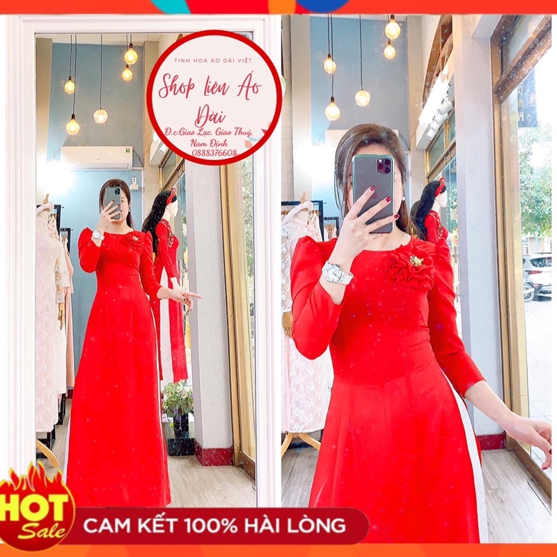 Áo dài đỏ may cổ tròn, đính bông xinh, hàng thiết kế đính hoa, tay lỡ xinh, 2 tà , chất vải lụa mềm mại,mát chất dày dặn
