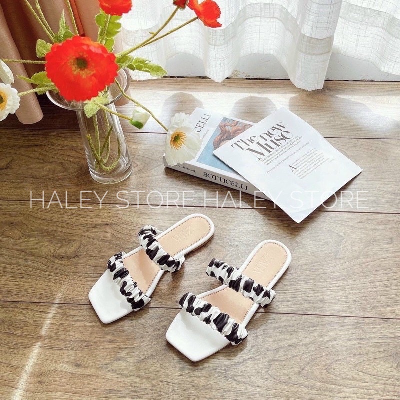 Dép lê bệt đế bằng nữ hai quai ngang màu bò sữa hot mùa hè 2021 HALEY STORE