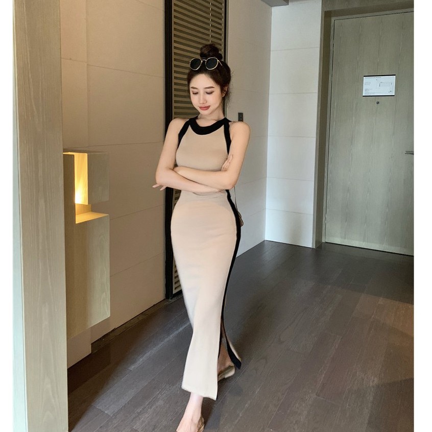 Đầm dệt kim không tay xẻ tà bên hông phong cách Pháp