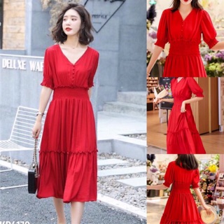 Đầm váy dạo phố cúc bọc phối cổ V cao cấp, đầm dự tiệc, đi chơi