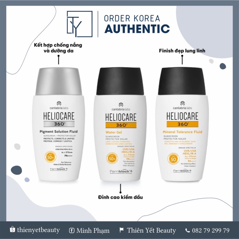 Kem chống nắng vật lí lai hóa học Heliocare 360° Pigment/Mineral/Gel Solution Fluid SPF50+ 50ml