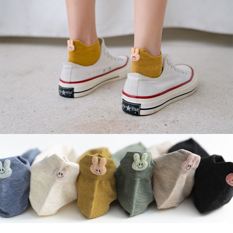 Spring Women Ankle Socks Cartoon Rabit Decor Korean Style Sweet Solid Cotton Girls Casual Socks Hipster 1 Pair Funny Pattern