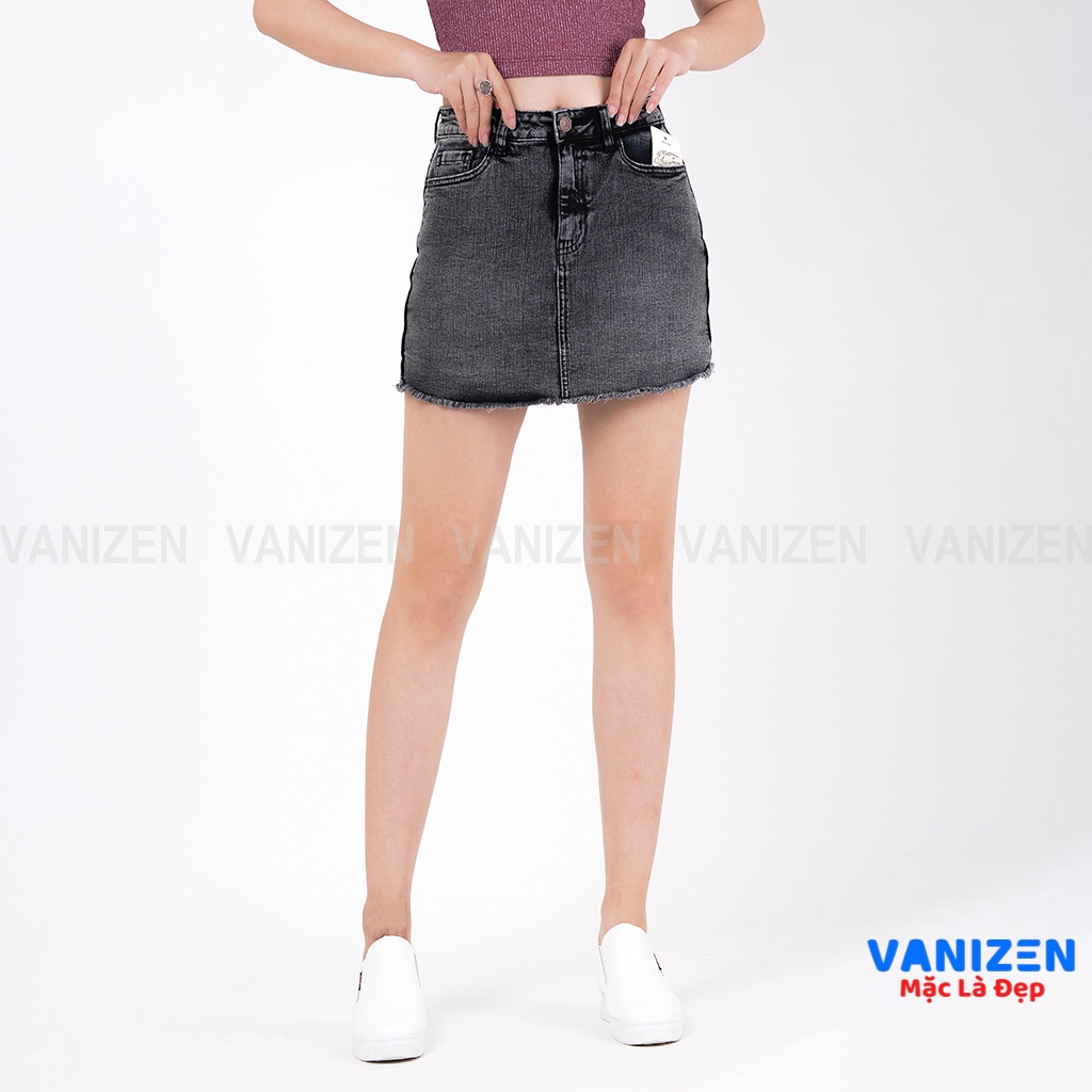 Chân váy jean nữ có quần bên trong đẹp lưng cao cạp cao trơn gấu tua rua xám khói hàng hiệu cao cấp mã 417 VANIZEN