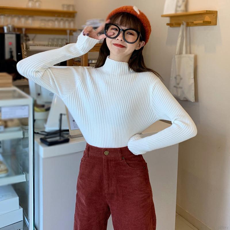 Áo thun tay dài cổ lọ màu sắc đơn giản cho nữ