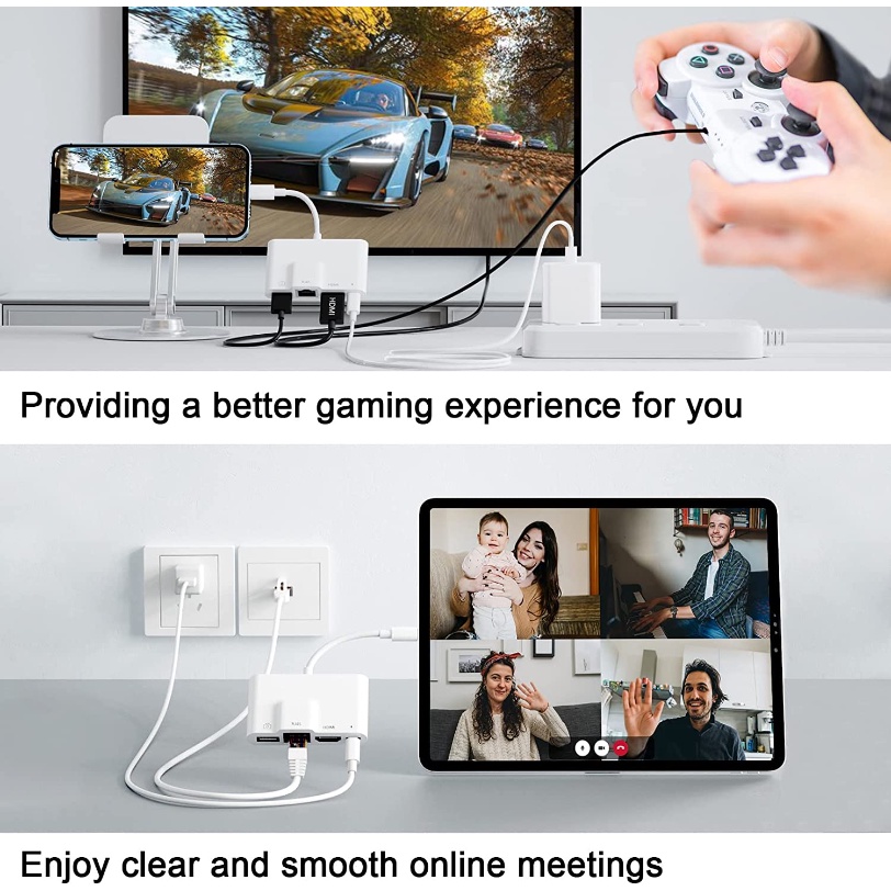 Đầu Kết Nối HDMI 4K &amp; RJ45 Ethernet LAN 4 Trong 1 Cho iPhone13 pro / 12 / 11 / X / 8 / 7 / ipad air