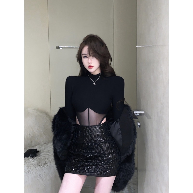 Áo Dệt Kim Tay Dài/Chân Váy Lưng Cao Đính Kim Sa Quyến Rũ Thời Trang Cho Nữ