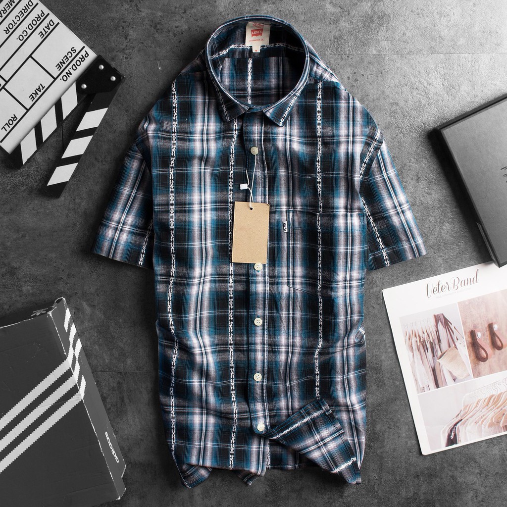 Áo sơ mi nam tay ngắn Levis cao cấp caro hoa văn thêu màu Xanh Da Trời chủ đạo - Phong Cách Sang Trọng