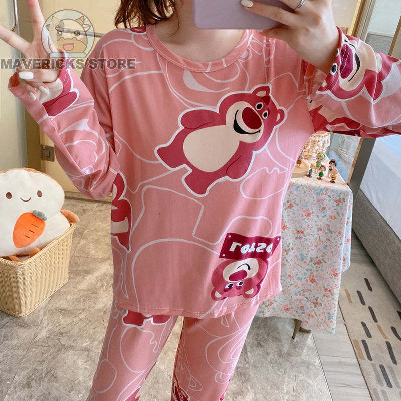 Bộ Đồ Ngủ Tay Dài In Hình Gấu Dâu Tây Phong Cách Hàn Quốc Thời Trang Cho Nữ