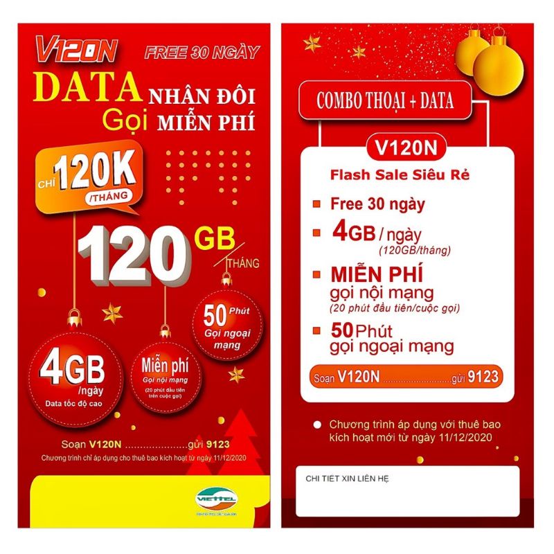 FREE 30 NGÀY} Sim 4G Viettel gói V120Z và V120N có {4GB/Ngày} {120GB/Tháng} miễn phí gọi nội mạng dư