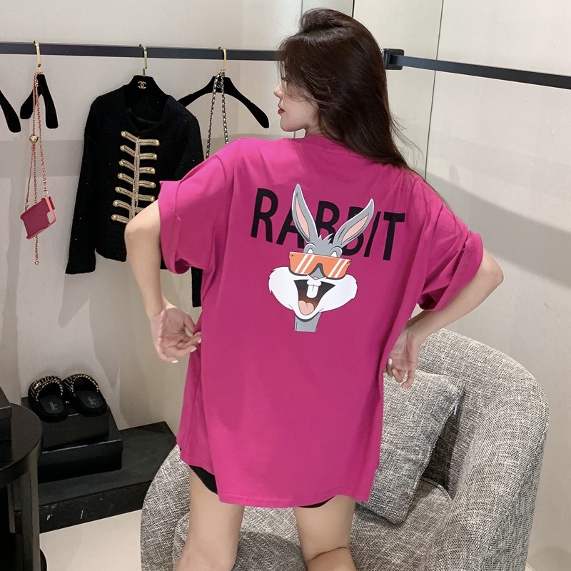 Áo Thun Ngắn Tay Dáng Rộng In Hình Thỏ Hoạt Hình Xinh Xắn