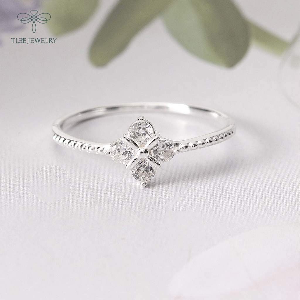 Nhẫn bạc nữ TLEE bốn lá hình thoi viền đính đá nữ tính NCJ A0195